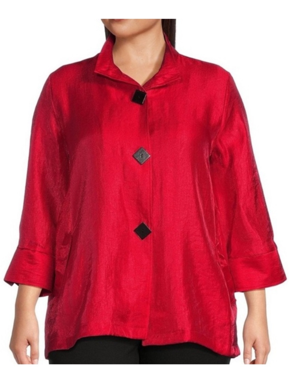 Ali Miles Red Woven Shimmer Wire Collar 3/4 Cuffed Sleeve Pocket Tunic Shirt